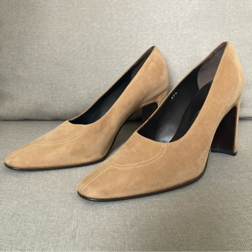 Battaglia Made in Italy Camel Suede Block Heel Pumps Size 39.5 US 8.5 Designer